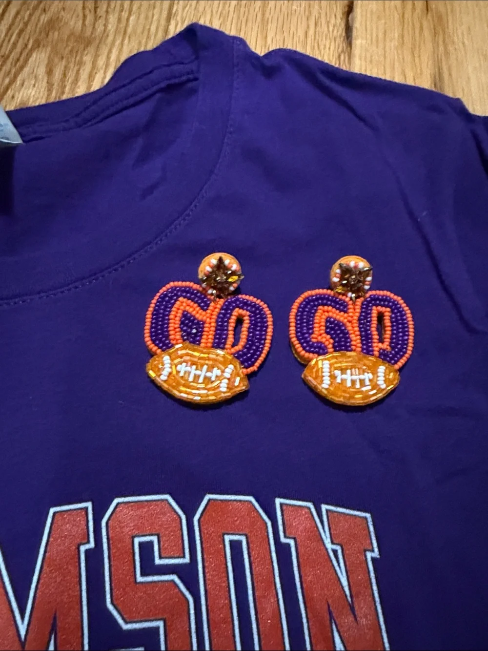 Clemson T-shirt and beaded GO earrings